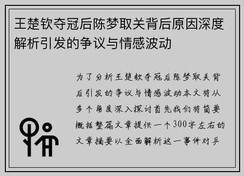 王楚钦夺冠后陈梦取关背后原因深度解析引发的争议与情感波动